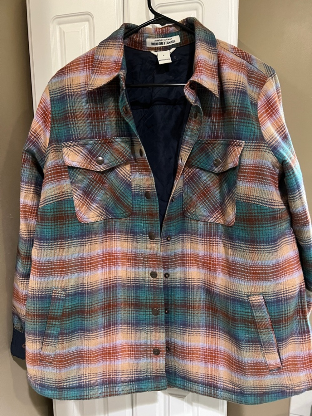 Duluth Trading Co Plaid Flannel Collar Jacket in Teal, Rust & Cream